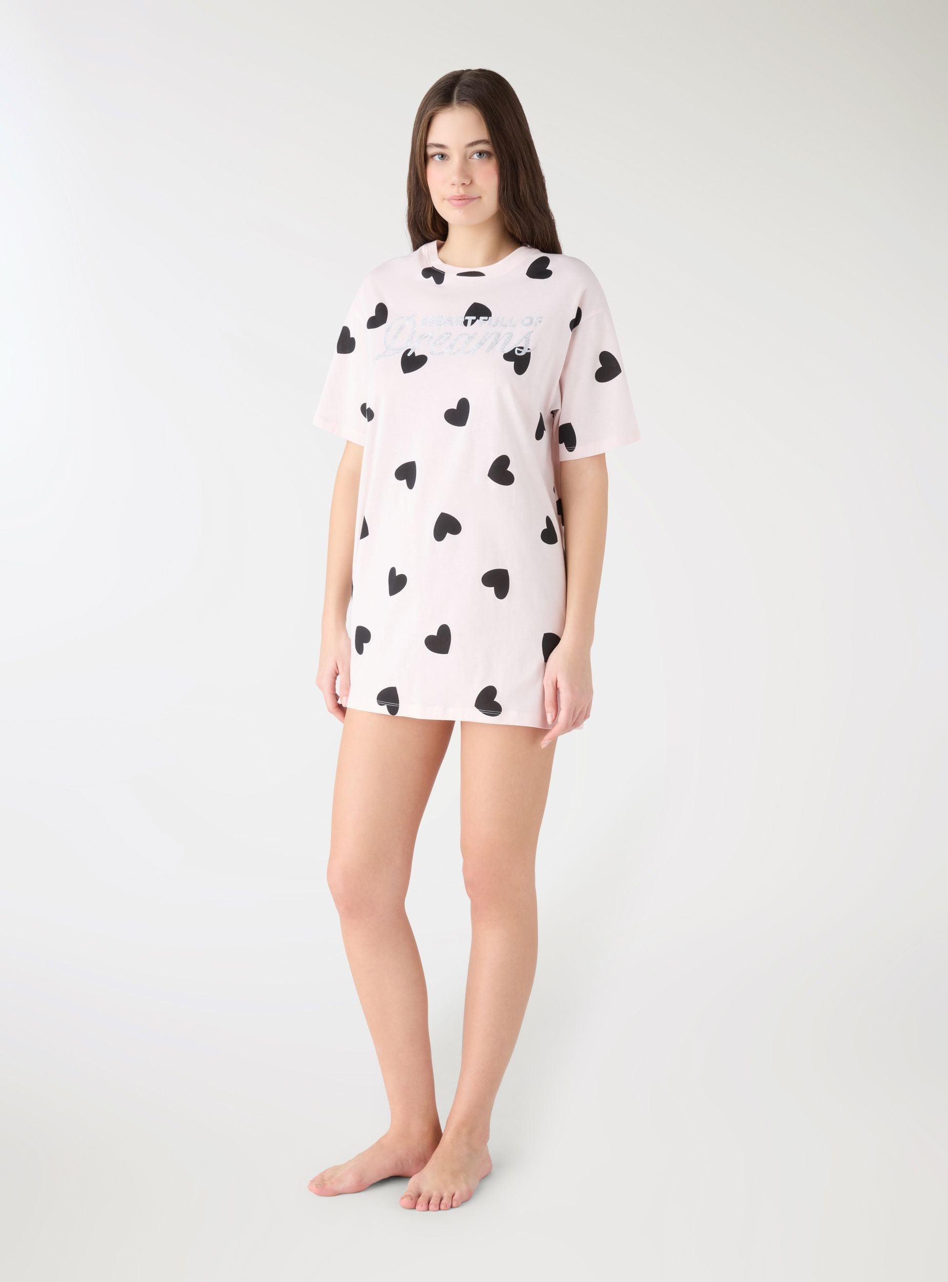 T-shirt over con stampa cuori e scritta Var rosa chiaro donna
