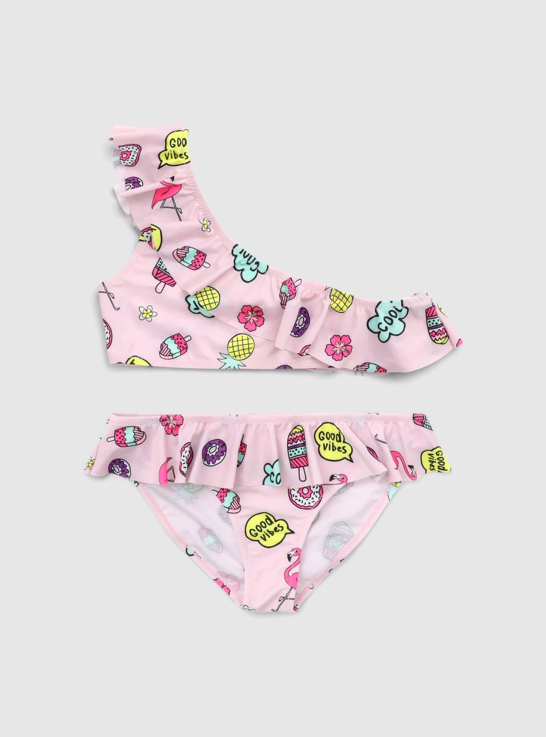 Bikini monospalla con balze e stampe pop Var rosa
