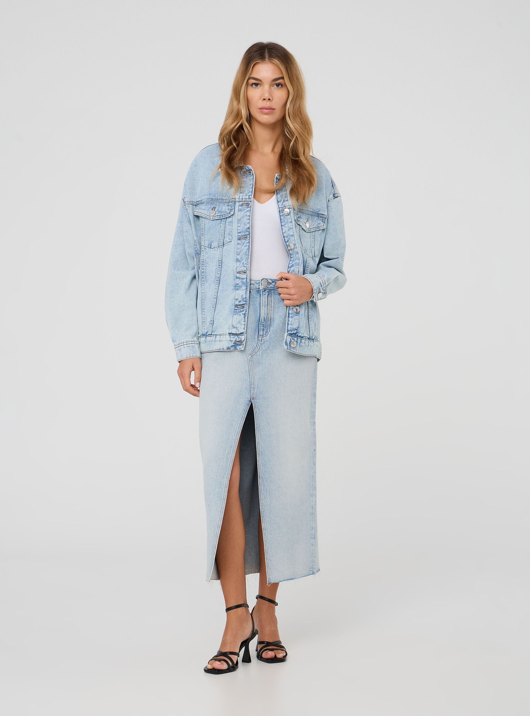 Gonna lunga in denim chiaro con spacco Blu denim chiaro