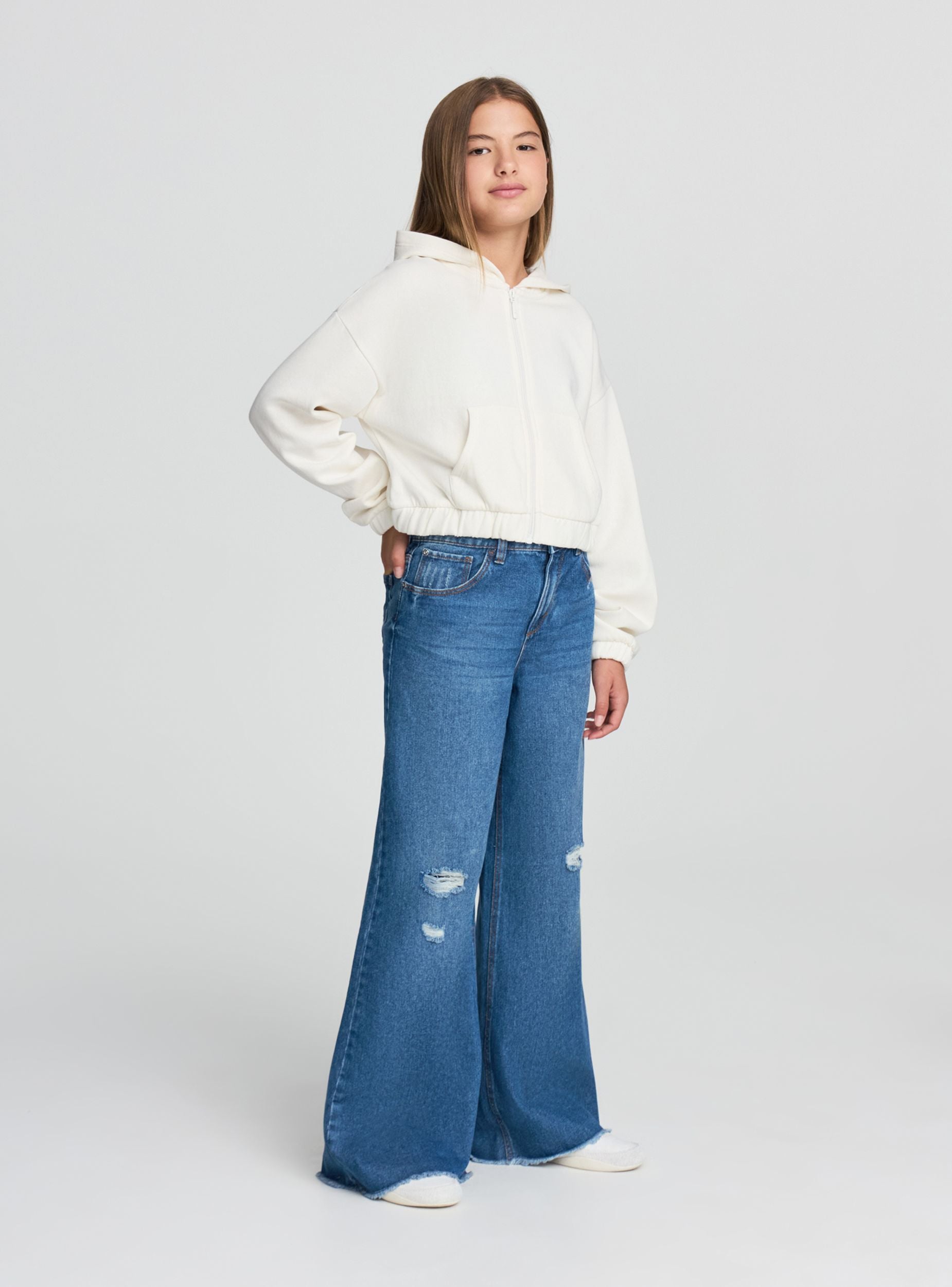 Felpa crop con cappuccio e zip Bianco lana