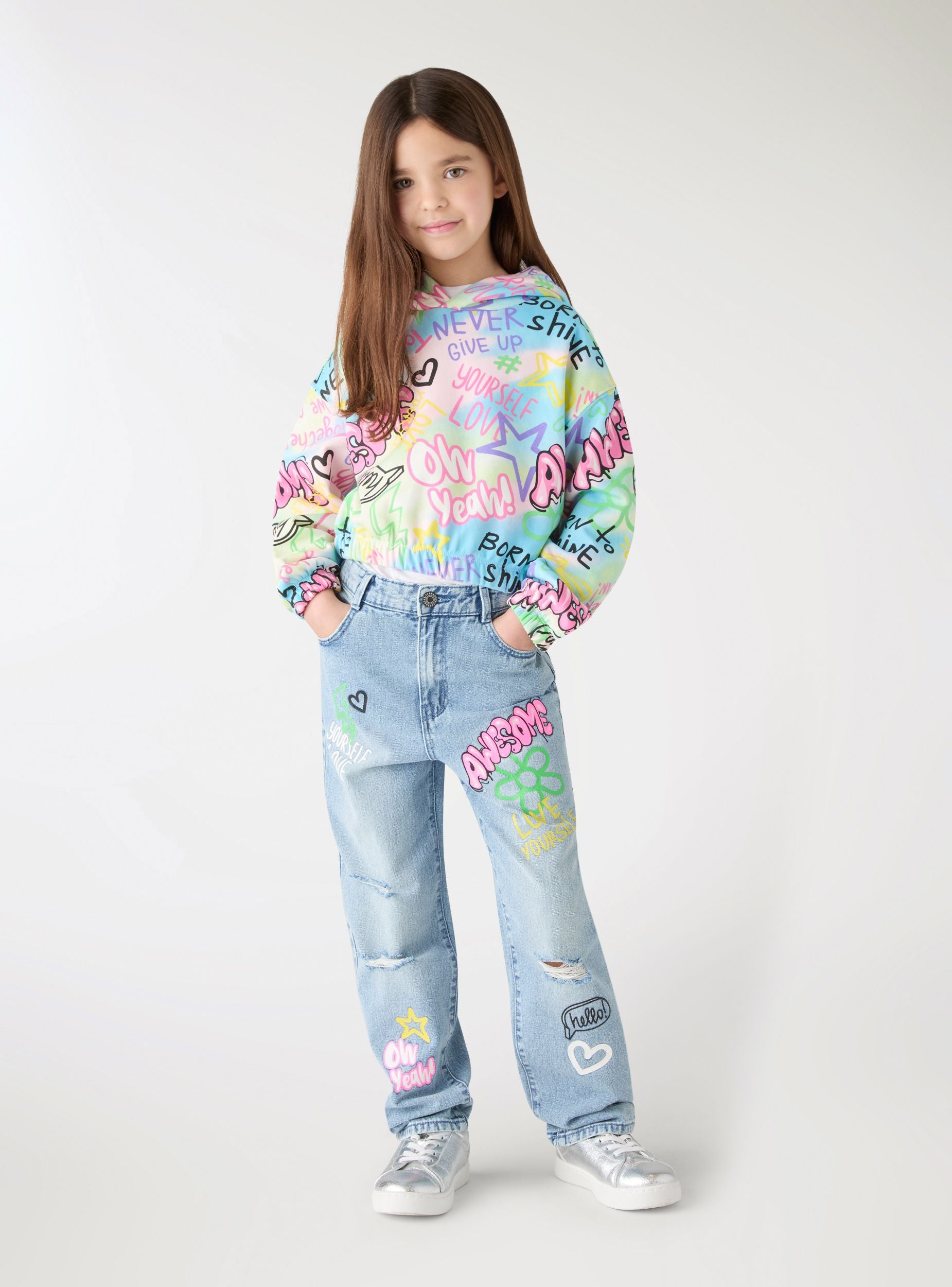 Jeans mom con stampa e strappi Var blu denim medio