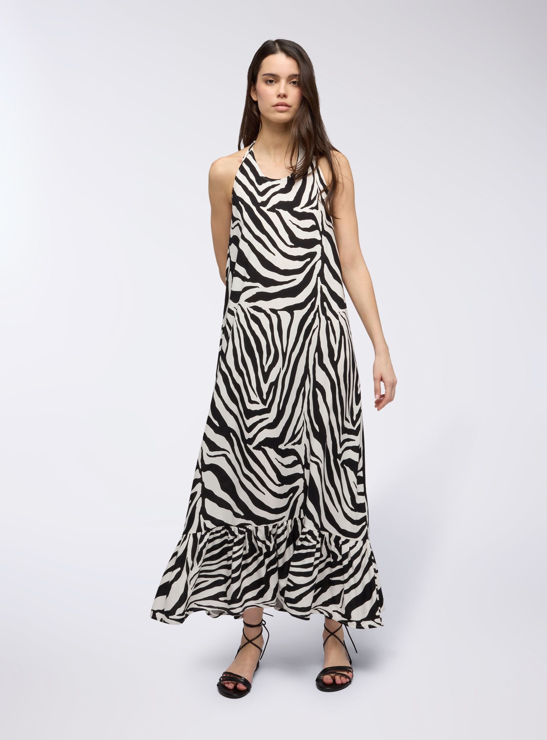 Vestito lungo zebrato con scollo all'americana Var nero donna