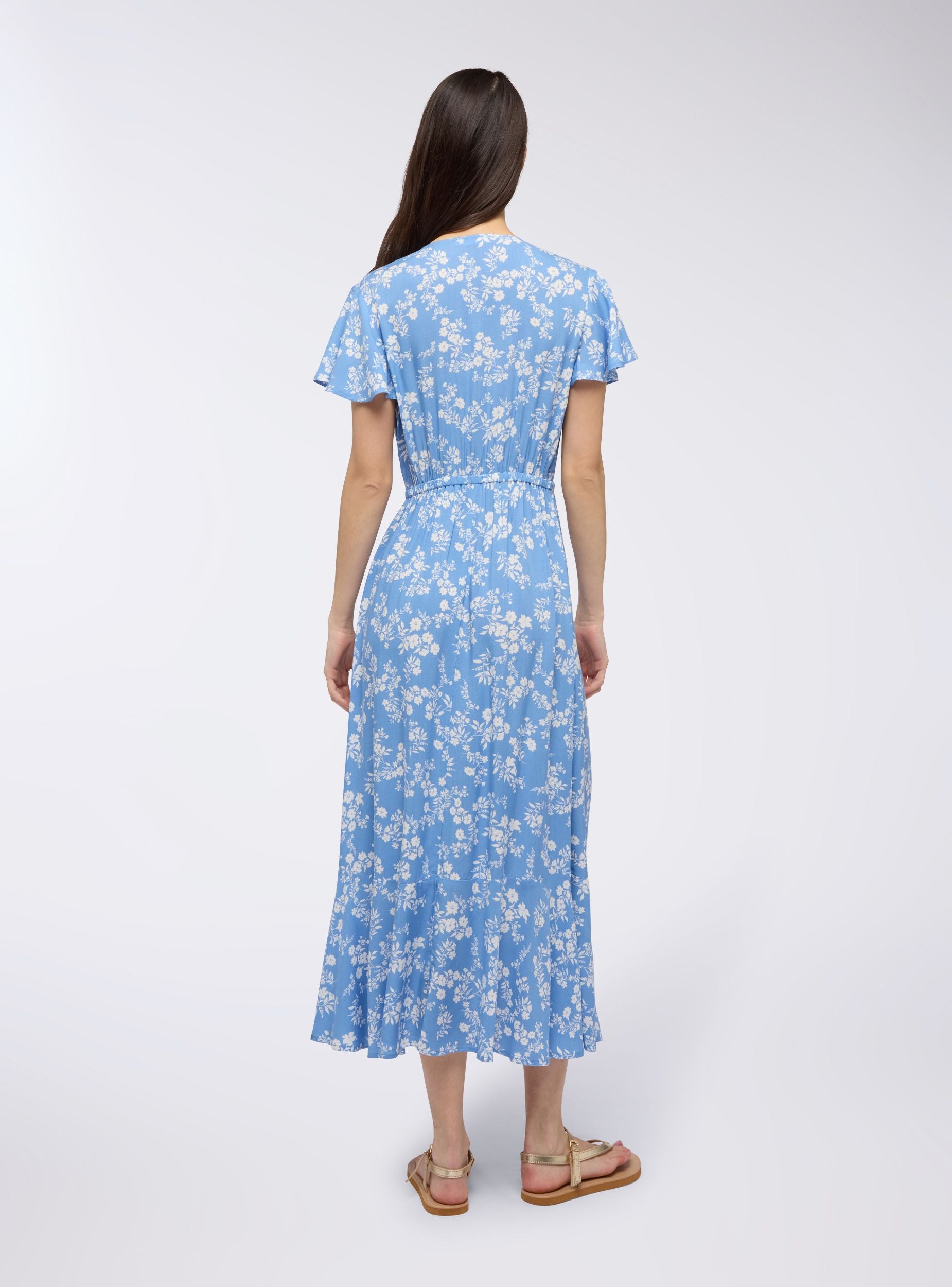 Vestito a portafoglio lungo con fiori Var celeste donna