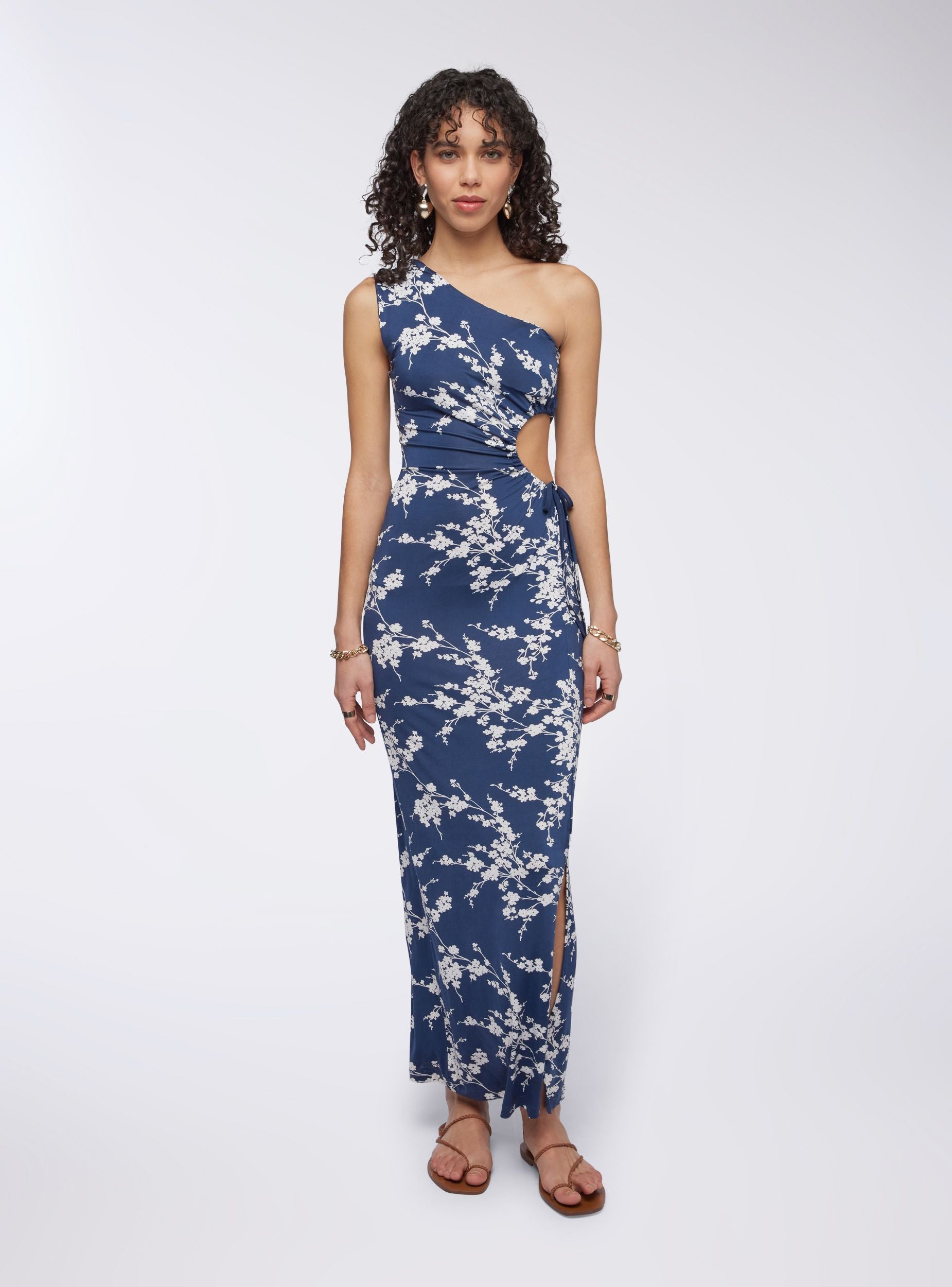 Vestito monospalla floreale con cut-out Var blu scuro donna