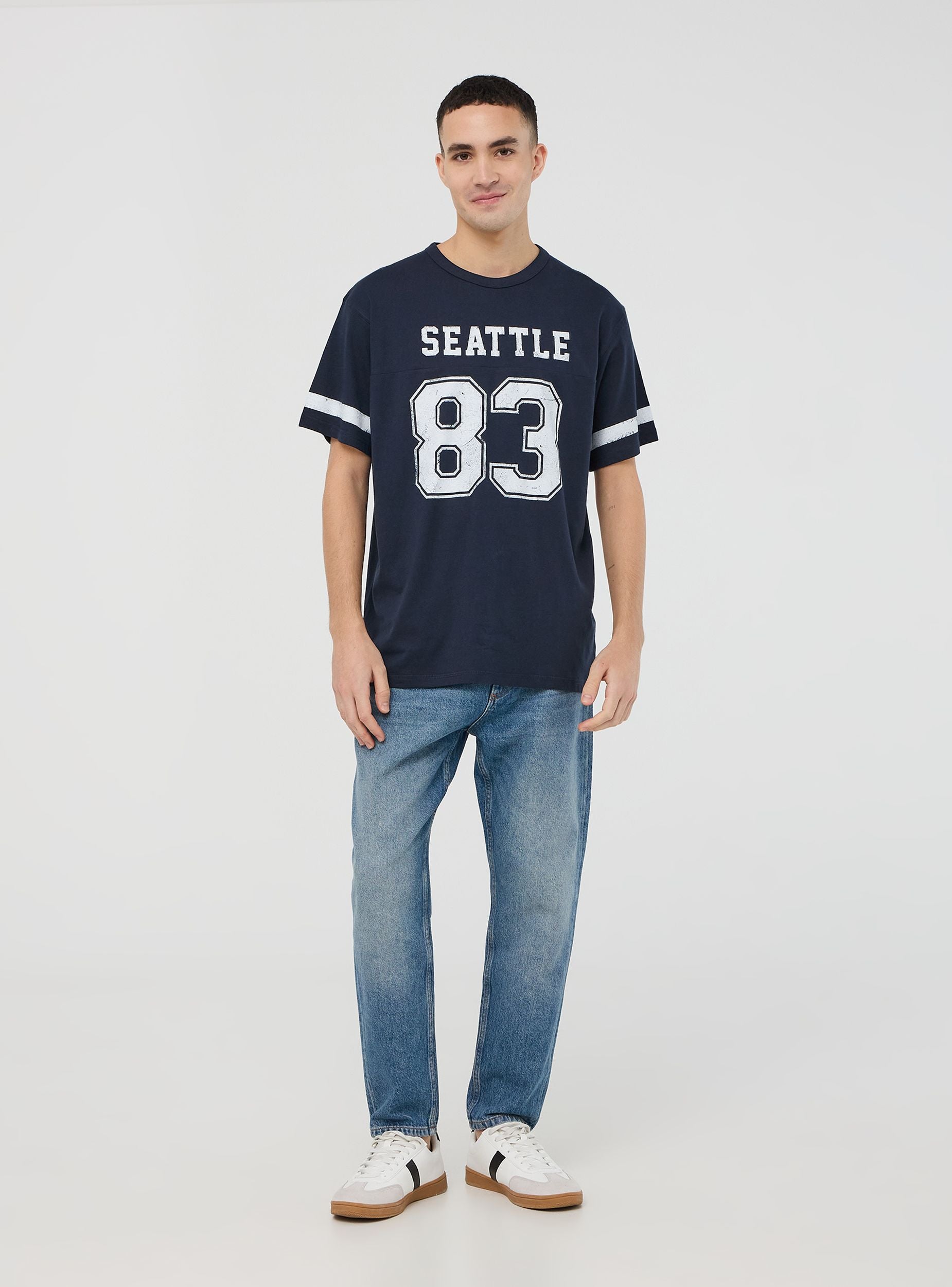 T-shirt stampa numero, scritta e bande Blu navy uomo