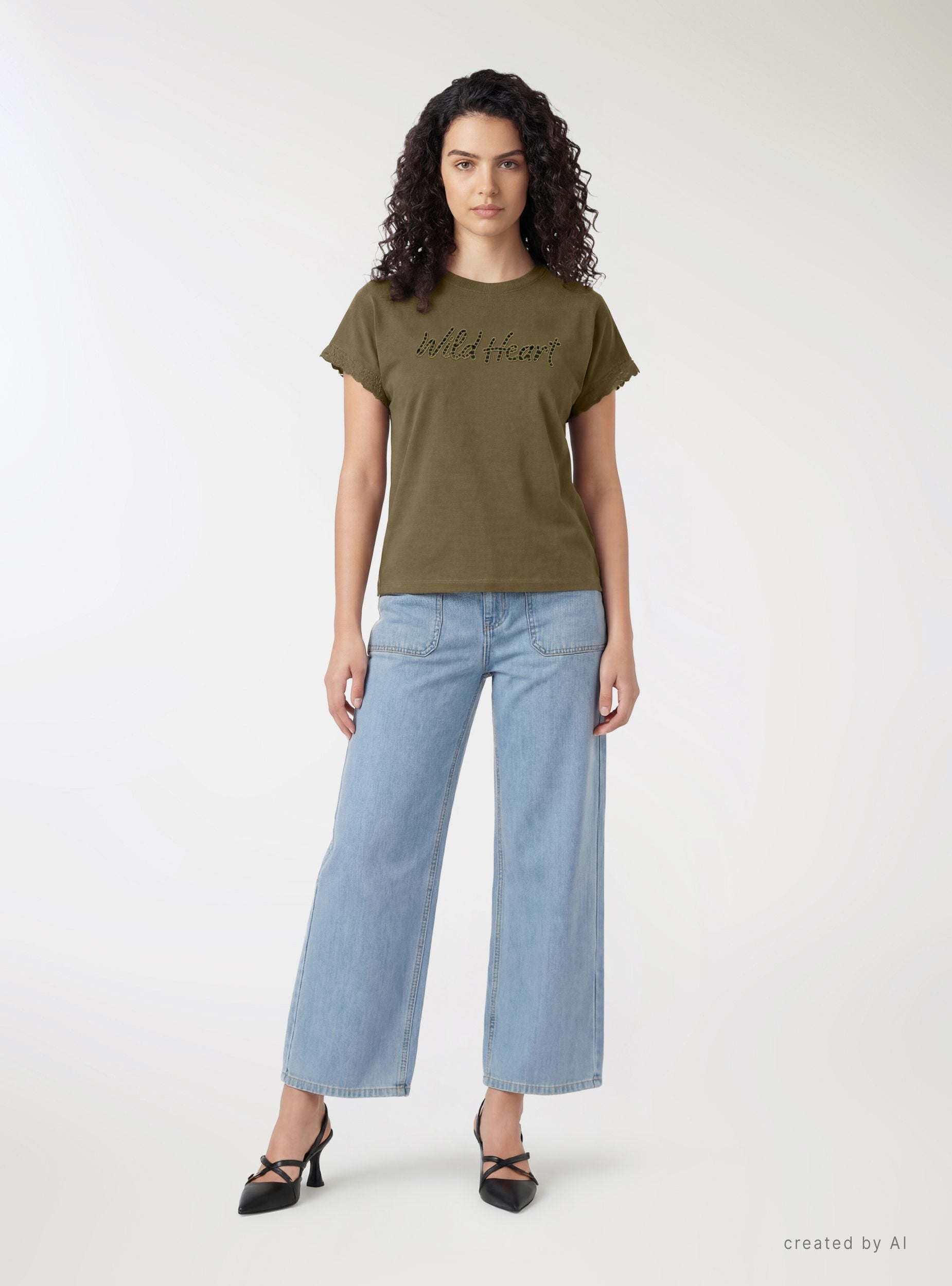 T-shirt con scritta traforata e bordo macramè Verde militare