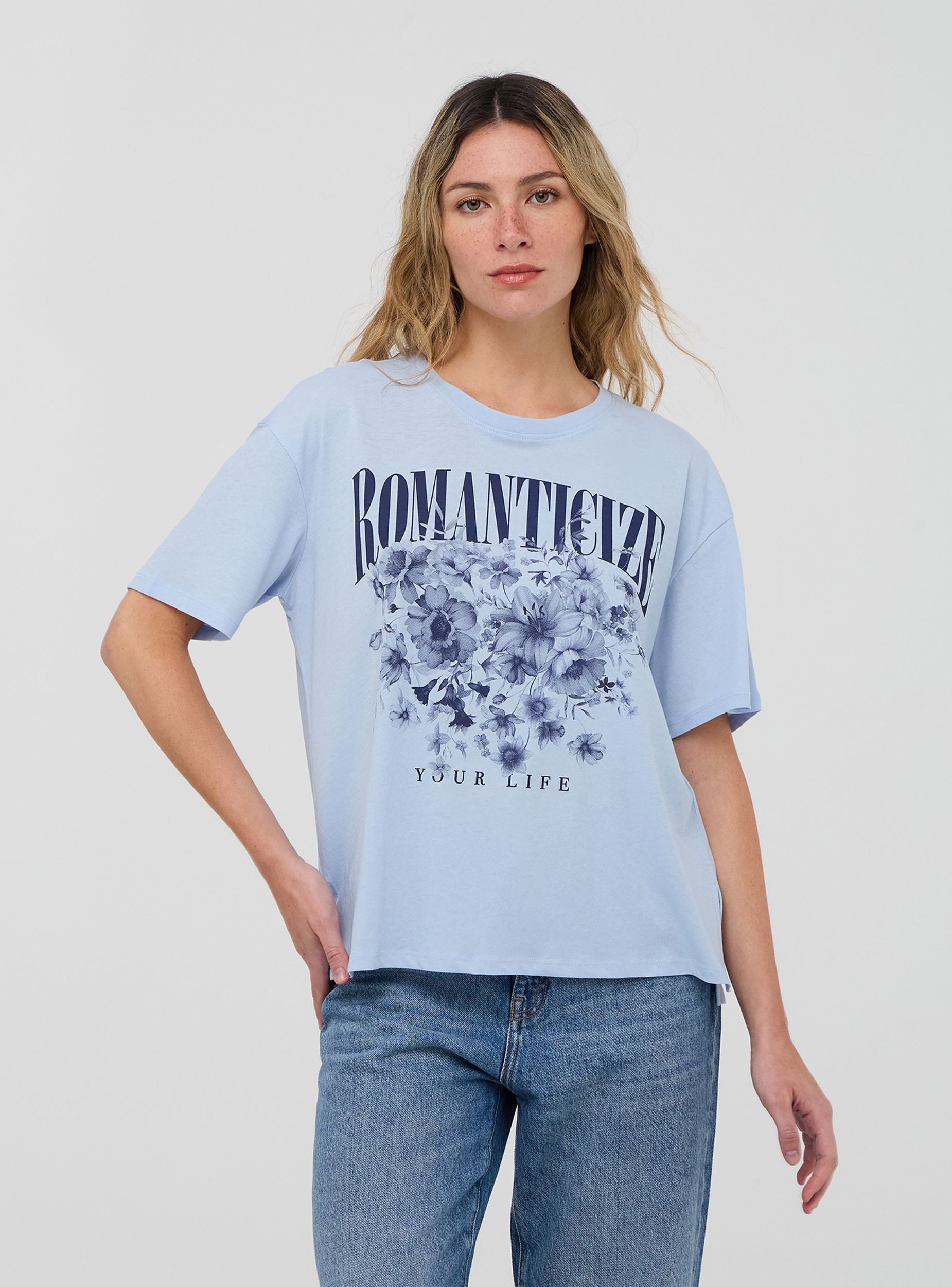 T-shirt ampia con spacchi e stampa Celeste chiaro