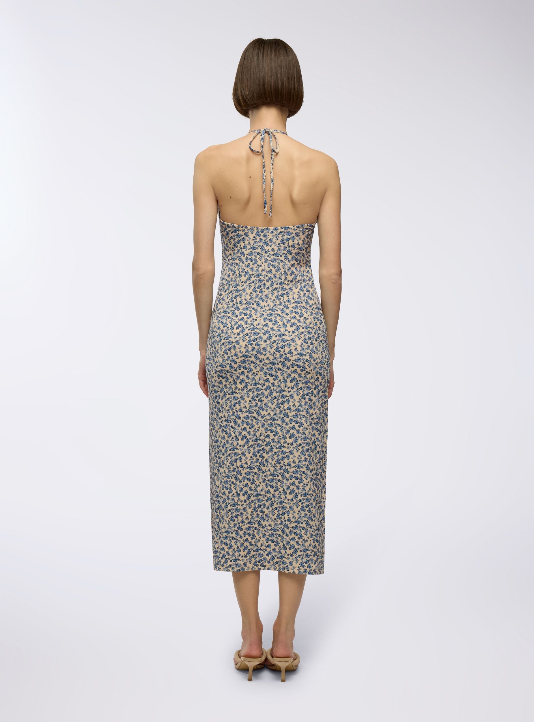 Vestito lungo a fiori con scollo all'americana Var blu donna