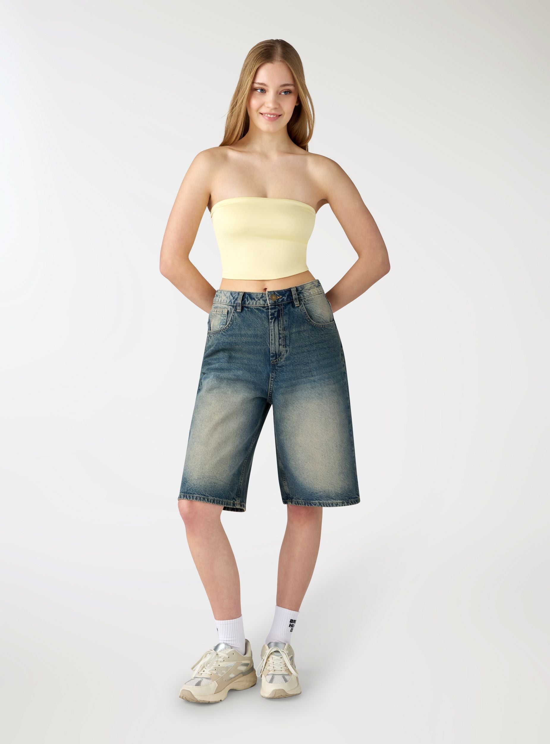 Top a fascia ultrashort tinta unita Giallo chiaro donna