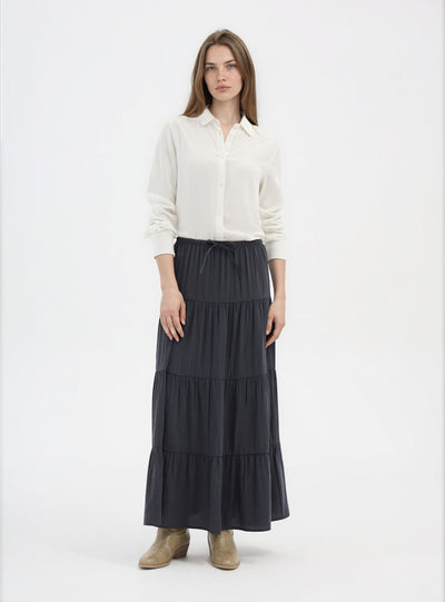 Long tiered skirt with drawstring waistband