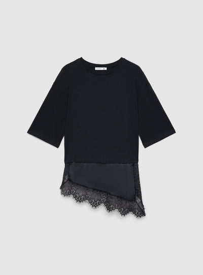 T-shirt con fondo asimmetrico e inserti in pizzo