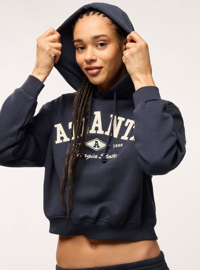 Felpa crop con cappuccio e stampa college