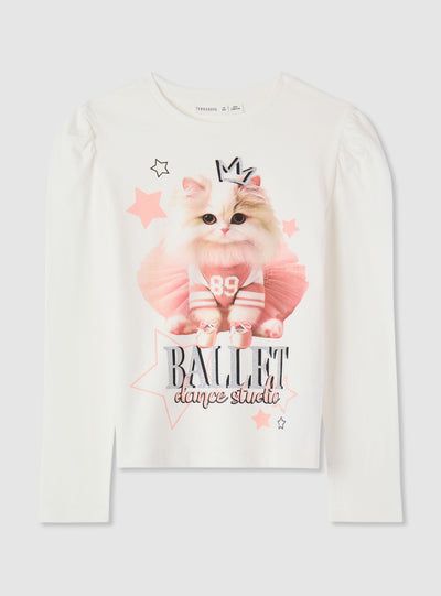 T-shirt manica lunga con stampa gatto e applicazioni