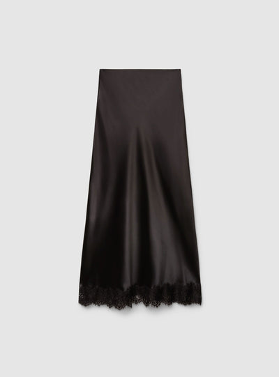 Gonna lunga svasata in satin con bordo in pizzo