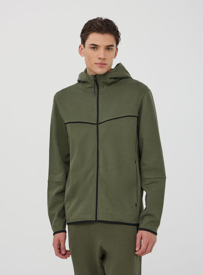Felpa tecnica con cappuccio e zip in misto cotone pesante