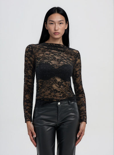 Long-sleeve lace T-shirt with sequins