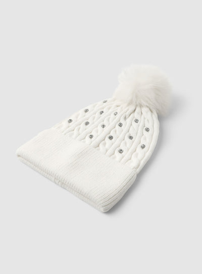 Berretto a trecce con pompon e strass