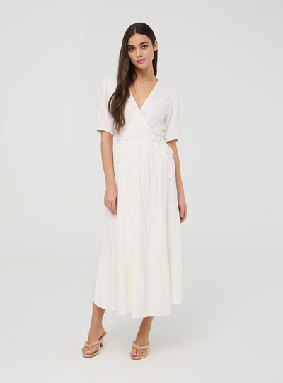 Vestito incrociato lungo con balze misto lino