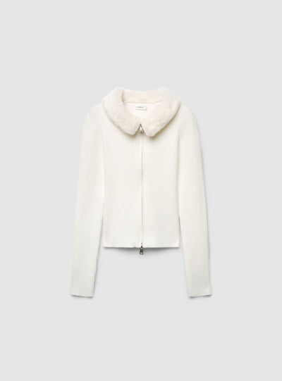 Cardigan a costine con zip e colletto effetto peluche