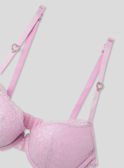Reggiseno push-up in pizzo luccicante con cuori