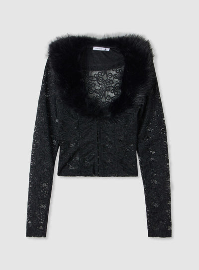 Spitzen-Cardigan mit Fellbesatz