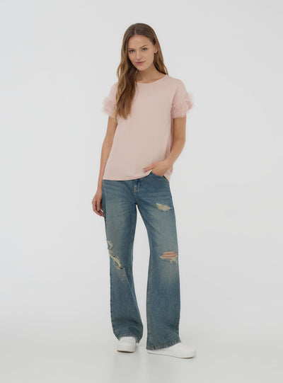 T-shirt con maniche a balze in tulle