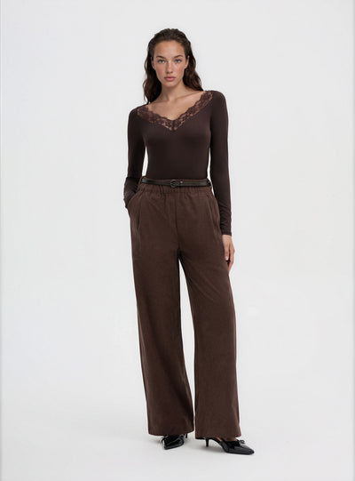 T-shirt a maniche lunghe con bordo in pizzo