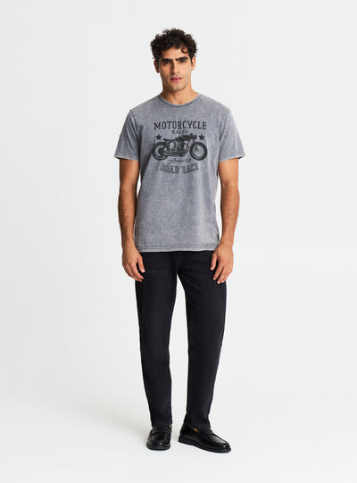 T-shirt con stampa moto effetto acid wash