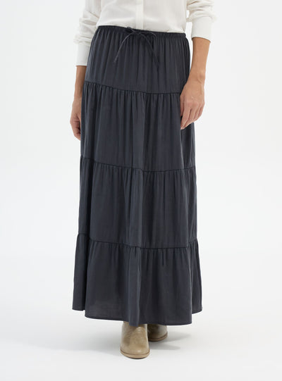 Long tiered skirt with drawstring waistband