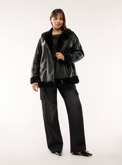 Jacket with plush-effect collar and zip