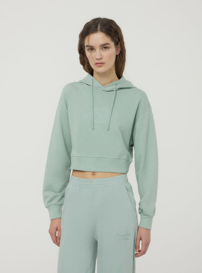 Felpa crop con cappuccio e scritta ricamata
