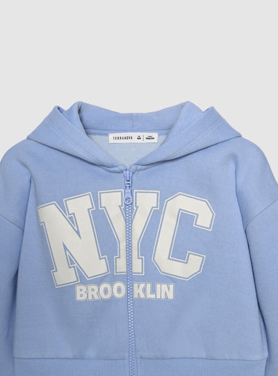 Felpa crop con cappuccio e zip con stampa college