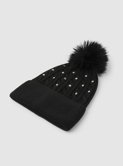 Berretto a trecce con pompon e strass