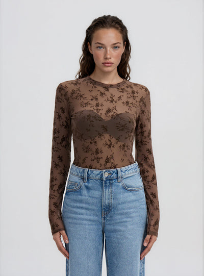 T-shirt a maniche lunghe con stampa floreale flock