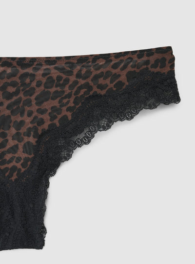 Slip brasiliana animalier con bordi in pizzo