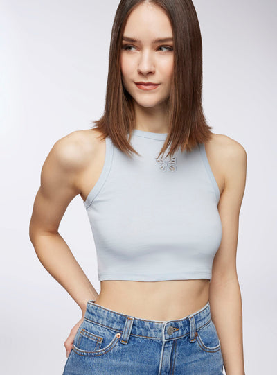Top crop con scollo americano e ricamo cut-out
