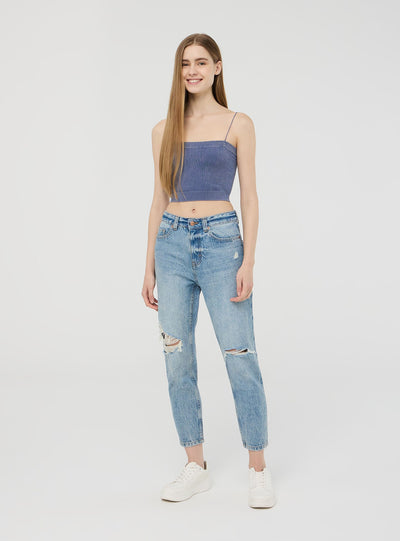 Jeans mom con strappi acid wash