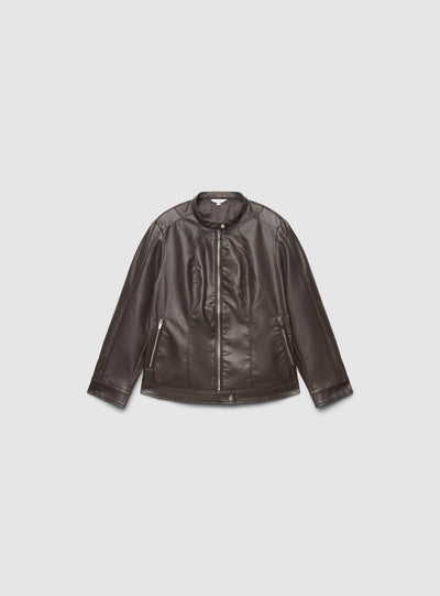 Chiodo effetto pelle con collo coreano e zip