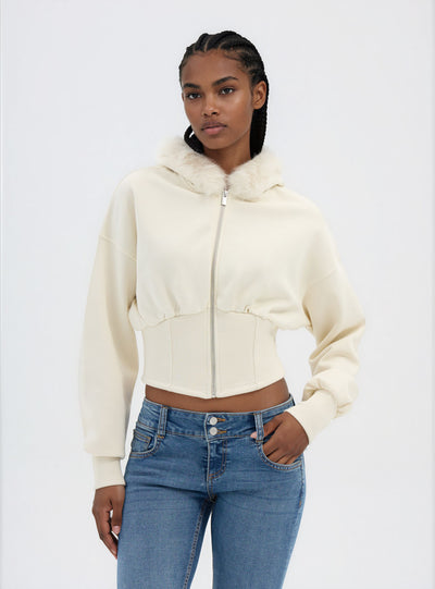 Felpa crop con zip e cappuccio bordato in pelliccia sintetica
