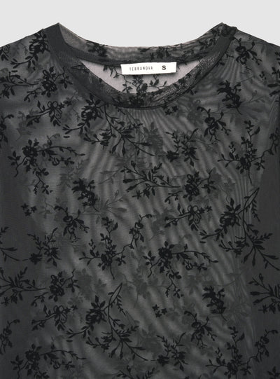 T-shirt a maniche lunghe con stampa floreale flock
