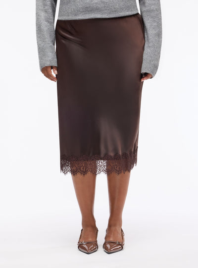 Gonna longuette in satin con bordo in pizzo