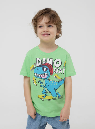 T-shirt stampa dinosauro e skateboard