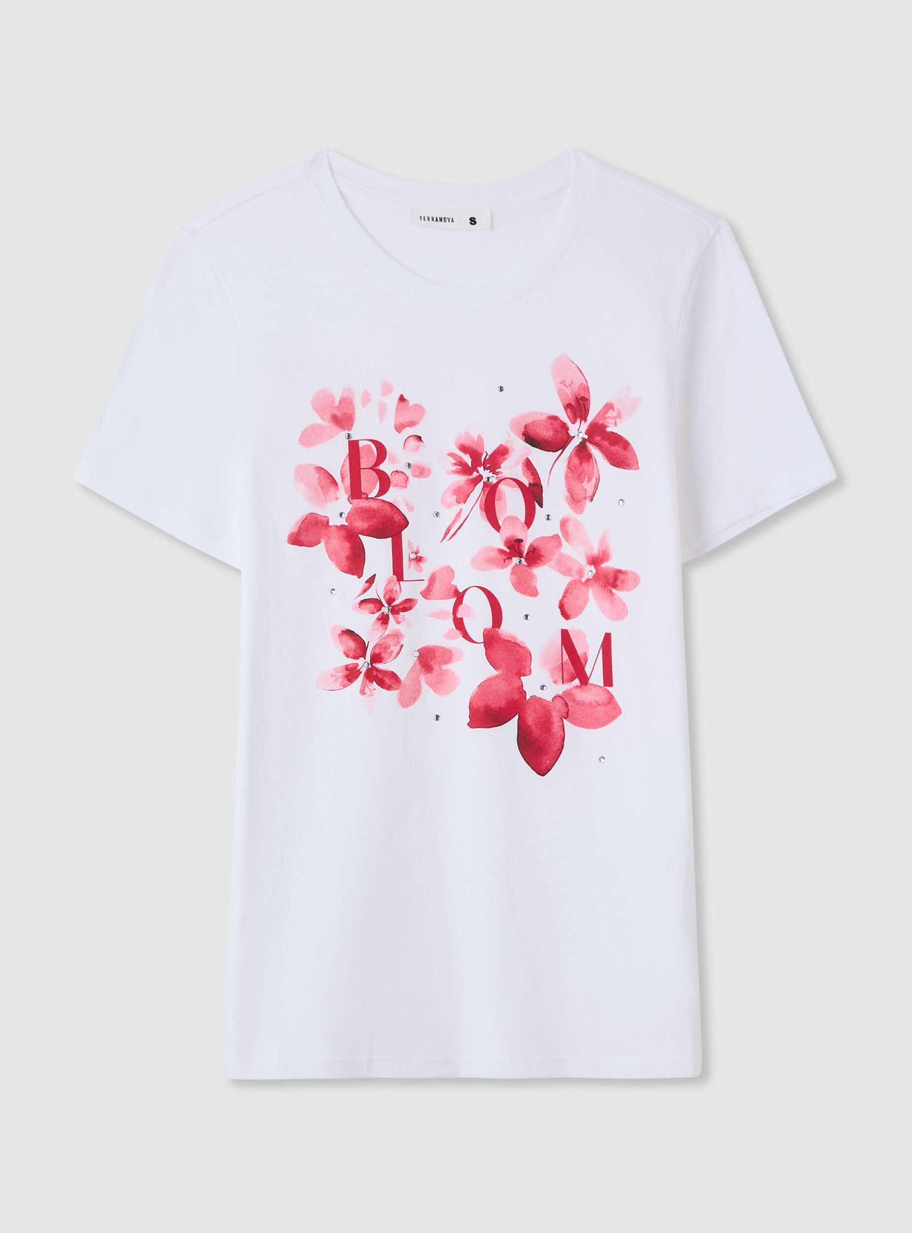 T-shirt con stampa fiori e strass Bianco ottico SAB0082178001S347 ...