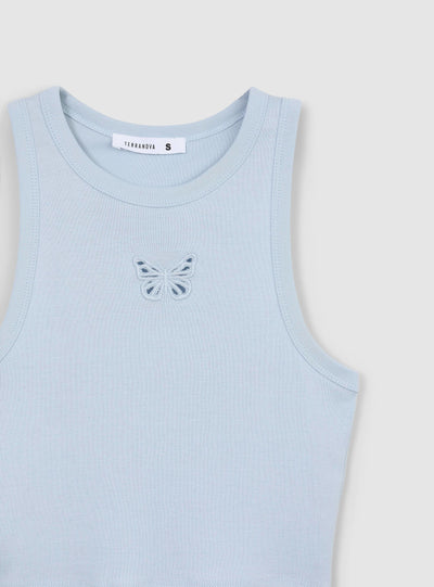 Top crop con scollo americano e ricamo cut-out