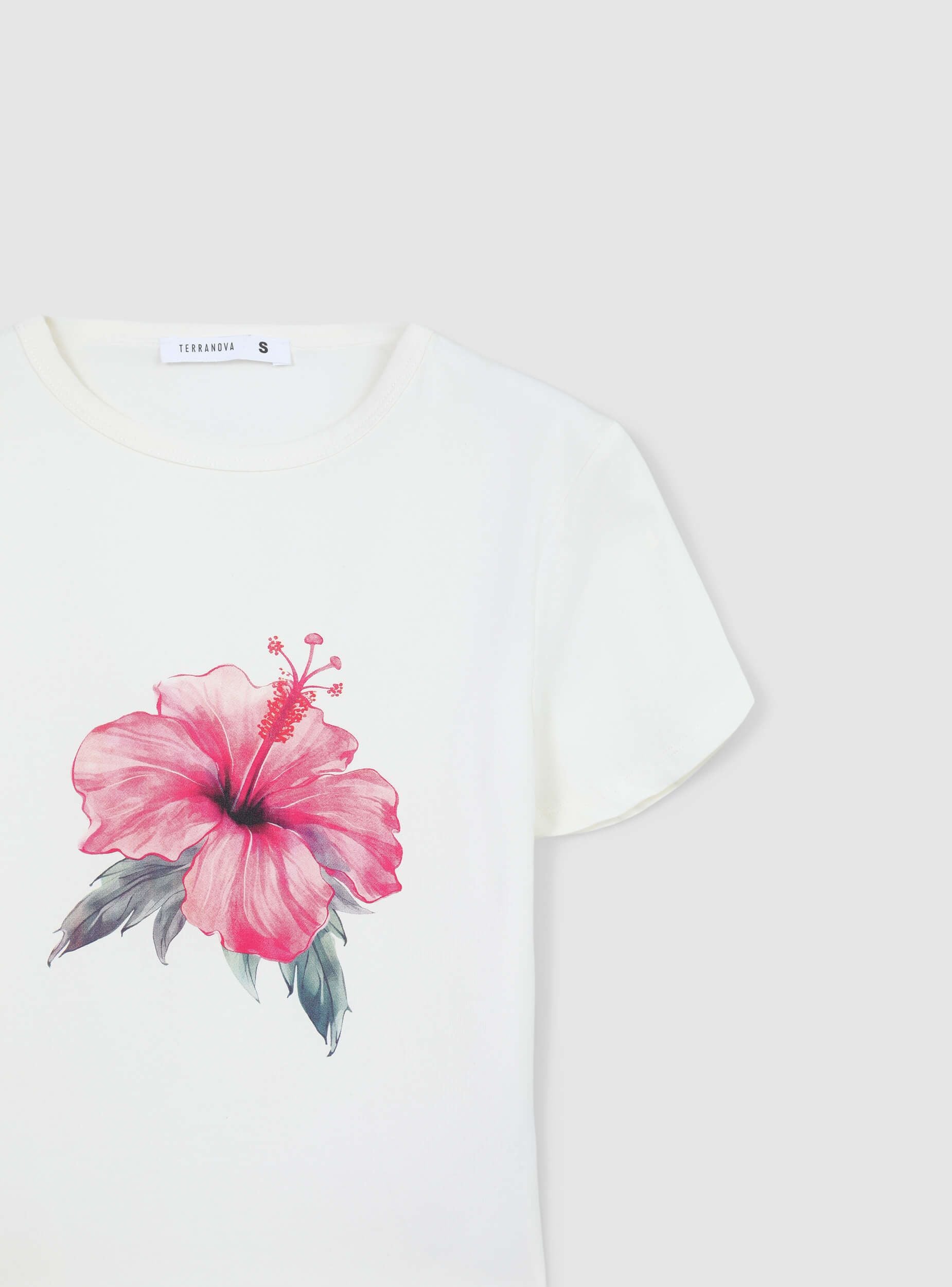 Tricou crop cu imprimeu de floare de hibiscus - Terranova