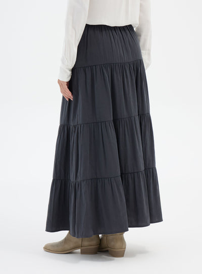 Long tiered skirt with drawstring waistband