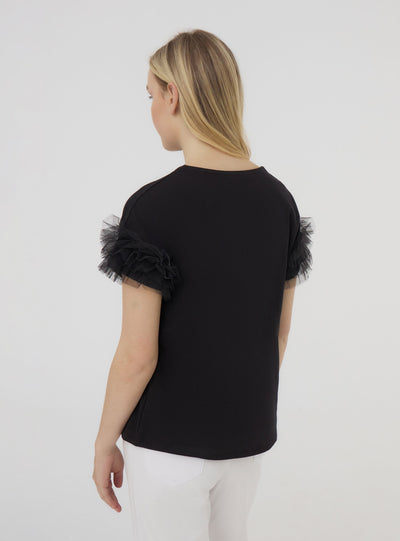 T-shirt con maniche a balze in tulle