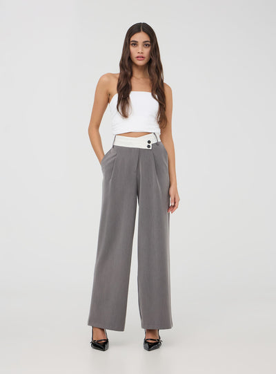 Pantaloni wide leg melange con fascia a contrasto