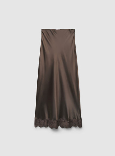 Gonna lunga svasata in satin con bordo in pizzo