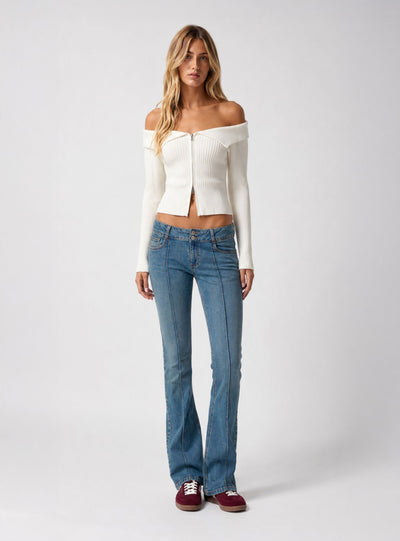 Jeans bootcut a vita bassa tinta unita